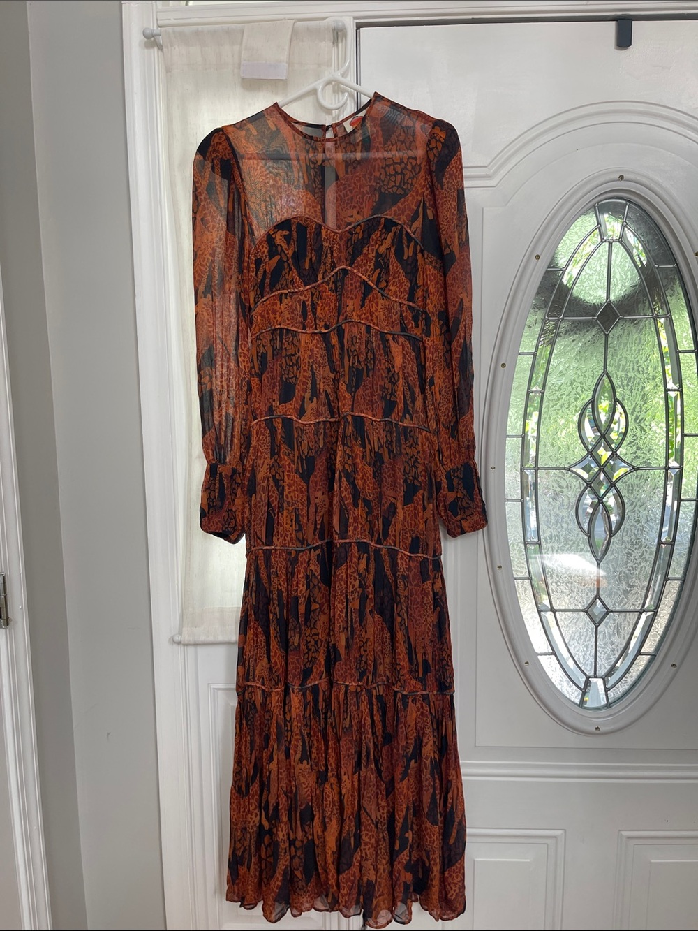 Farm Rio Long-Sleeve Tiered Maxi Dress in Orange and Black